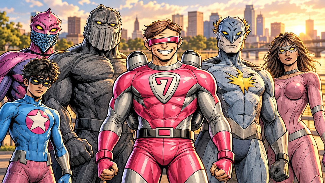 All-American, Kid Justice, The Shadower, Super Seven, Night-Hawk, and Valkyrie together