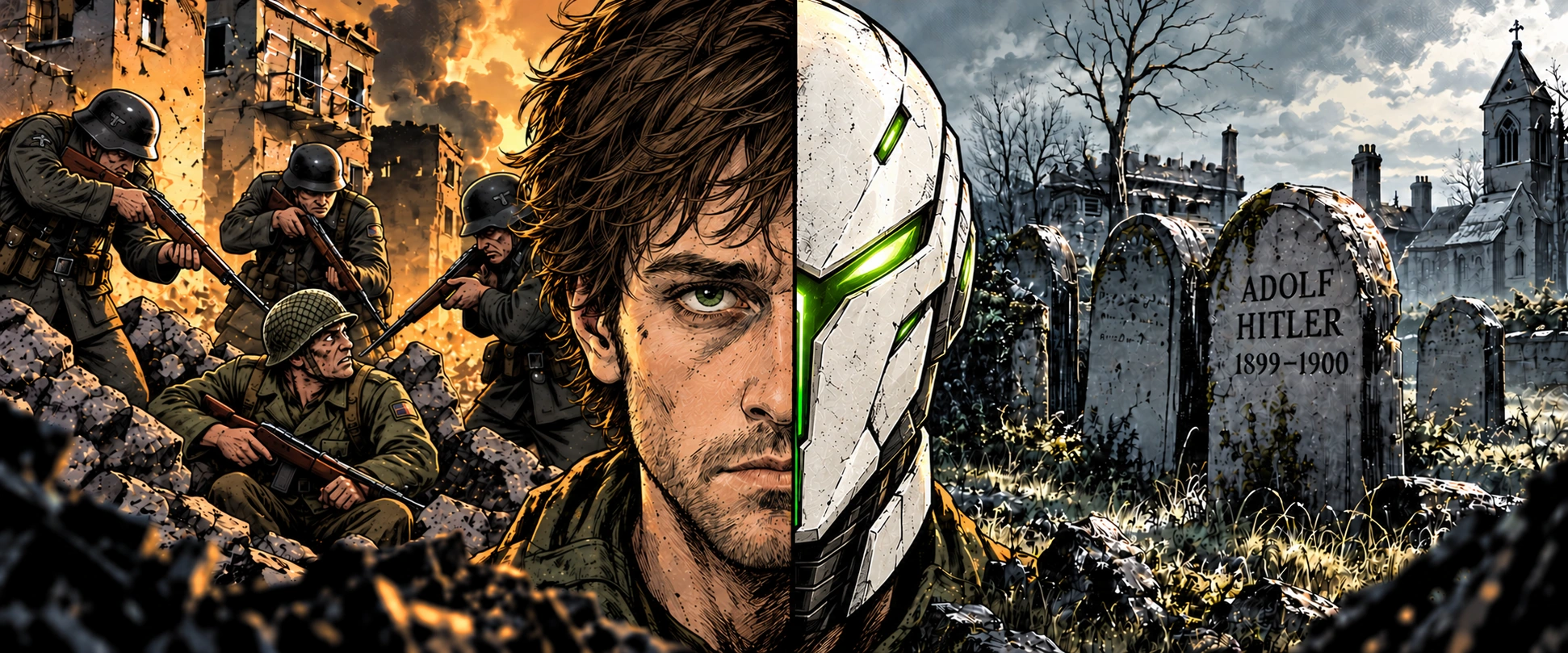 The Yesterday Man with half his face exposed and half masked, between a war-torn street and a cemetery