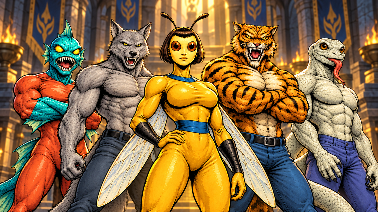 Queen Bee leads Barracuda, Night Howl, Man Tiger, and Komodo in the royal hall of Animaliax