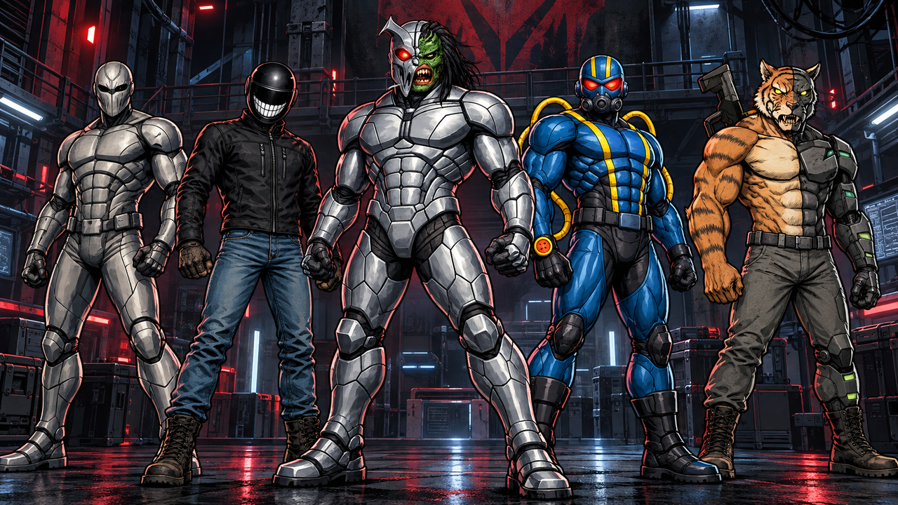 Quick Draw, Vex Krueger, Nemesis, Pyro II, and Tiger Hide together